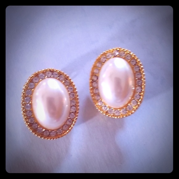Clip Faux Diamond & Pearl Earrings wedding party - Picture 1 of 4
